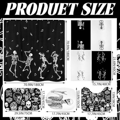 Honoson 8 Pcs Halloween Skeleton Shower Curtain Set