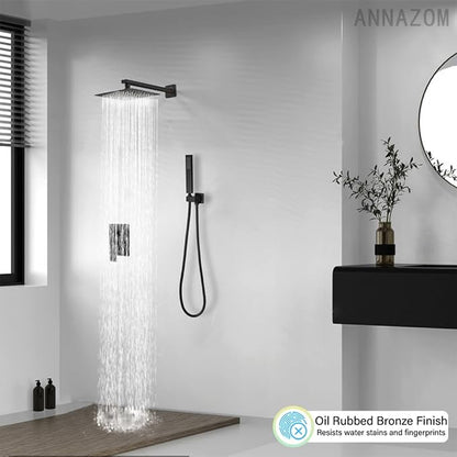 Oil Rubbed Bronze rain Shower Faucet Set Shower System 10 Inches Square Shower Head with Handheld, Waterfall Showerhead, All Metal Shower Faucet Trim Repair Kits (Contain Shower Valve)