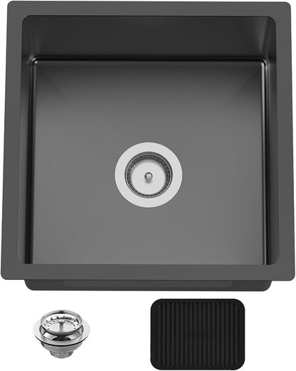 Black 18x18 In Undermount Kitchen And Bar Sink- Stainless Steel Single Bowl Kitchen Sink Modern Drop In Bar Sink With Silicon Mat,Drain Strainer Set Compatibility With Various Kitchen & Bar Style