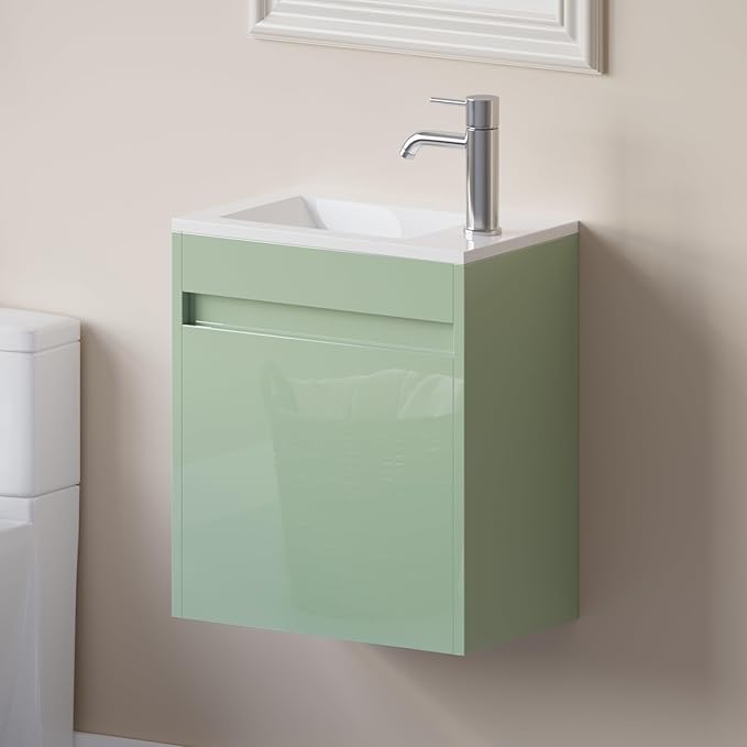 wonline 16" Small Floating Green Bathroom Vanity Sink Combo, Wall Mounted Narrow Single Cabinet with Resin Basin Sink Top, Water Saving Chrome Faucet & Pop-Up Drain-Glossy Green