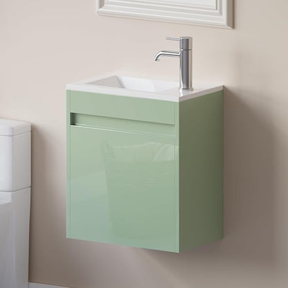 wonline 16" Small Floating Green Bathroom Vanity Sink Combo, Wall Mounted Narrow Single Cabinet with Resin Basin Sink Top, Water Saving Chrome Faucet & Pop-Up Drain-Glossy Green