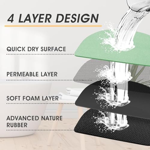 ACCUMTEK Non Slip Bath Mat, Thin Bathroom Rugs Fit Under Door, Quick Dry Bath Mats, Machine Washable Bath Rugs for Bathroom, Bathtub & Kitchen, Bathtub, Sage Green/Solid/2 Piece