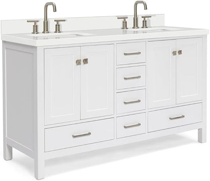 ARIEL Cambridge 60-inch Bathroom Vanity with Sink,Solid Wood, 1.5-inch Pure White Quartz Countertop & Backsplash, Double Rectangular Porcelain Sink, 4 Soft Closing Doors, 6 Dovetail Drawers, White
