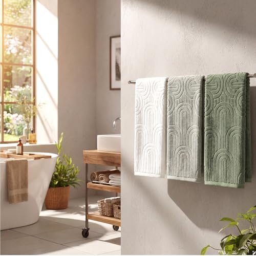 Tiamon 3 Pcs Bathroom Towel Decorative Set 100% Cotton Fluffy Bath Hand Towels for Guest Gifts Farmhouse Kitchen Hand Towels Home(White, Light Green, Dark Green,30 x 13 Inch,Arched Stripe)
