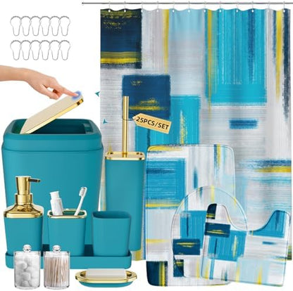 XLHOMO Bathroom Accessories Set - 25PC Bathroom Set with Shower Curtain and Rugs, Teal Blue Bathroom Set, Bathroom Accessory Set with Press-on Lid Trash Can, Soap Dispenser and Qtip Holders