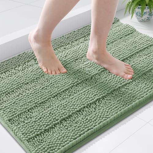Grandaily Chenille Striped Bathroom Rugs 44x24, Extra Thick and Soft Absorbent Bath Mats, Rubber Backing, Plush Shaggy Shower Carpet, Machine Wash Dry, Bath Rug for Bathroom, Grayish Green