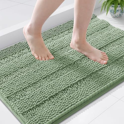 Grandaily Chenille Striped Bathroom Rugs 44x24, Extra Thick and Soft Absorbent Bath Mats, Rubber Backing, Plush Shaggy Shower Carpet, Machine Wash Dry, Bath Rug for Bathroom, Grayish Green