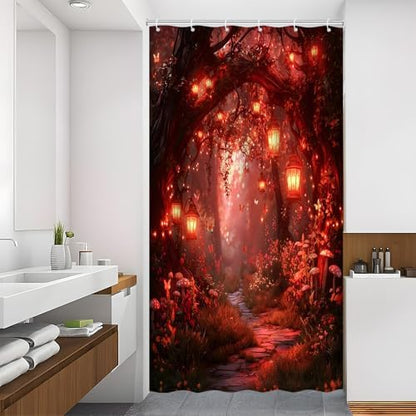 Fantasy Forest Path Shower Curtain Red Fairy Magical Enchanted Misty Jungle Mushroom Floral Tree Butterfly Lantern Wonderland Bath Curtain Fabric Bathroom Accessories Decor with Hooks 47W x70L