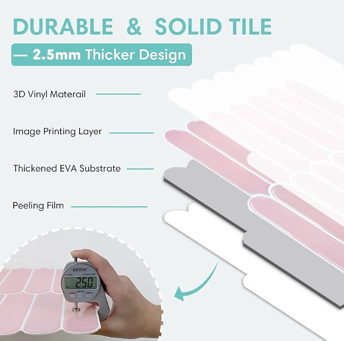 Commomy Thicker Pink Peel and Stick Tile Backsplash - 10 pcs of 12" x 12" - 3D Adhesive Peel and Stick Backsplash for Kitchen, Bathroom, Removable, Waterproof, Vinyl Wall Tile