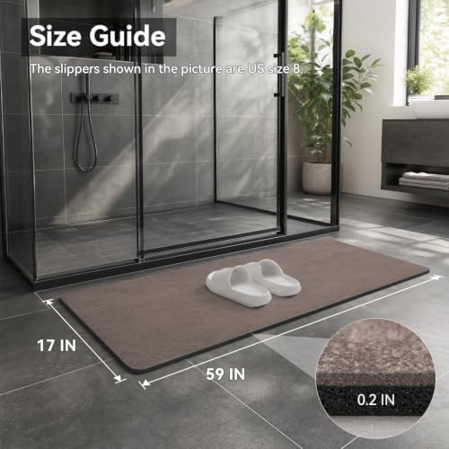 MontVoo -Bath Mat Rug-Rubber Backing Non Slip Quick Dry Absorbent Thin Bathroom Rugs Fit Under Door-Faux Suede Surface Bathroom Floor Mats-Shower Rug for in Front of Bathtub Shower Brown 17"x59"