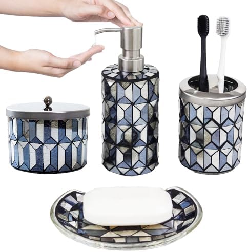 Escenzy Black Gold Bathroom Accessories Set 4 Pcs | Handcrafted Mosaic Glass Soap Dispenser, Toothbrush Holder, Cotton Jar, Soap Tray | Luxury Black Gold Bathroom Decor | Glam Home Gift