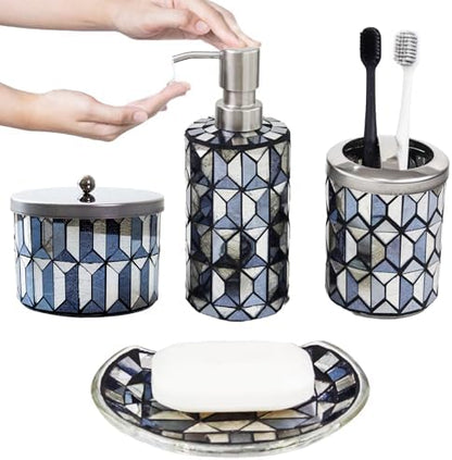 Escenzy Black Gold Bathroom Accessories Set 4 Pcs | Handcrafted Mosaic Glass Soap Dispenser, Toothbrush Holder, Cotton Jar, Soap Tray | Luxury Black Gold Bathroom Decor | Glam Home Gift
