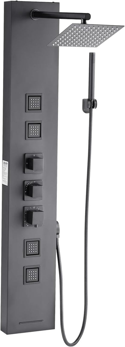 VEVOR Shower Panel Tower System with Rainfall Shower Head, 49 in Brushed Stainless Steel Shower Column, 4-Function Faucet, Wall-Mount Rain Massage System, with 4 Body Jets, Handheld, and Tub Spout