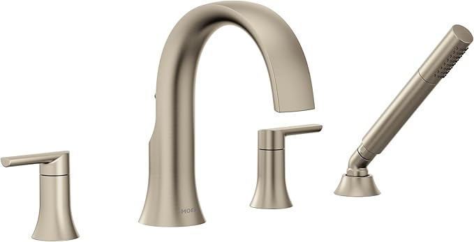 Moen TS983BN Doux Two-Handle High Arc Deck-Mount Roman Tub Faucet Trim with Handshower, Valve Required, Brushed Nickel