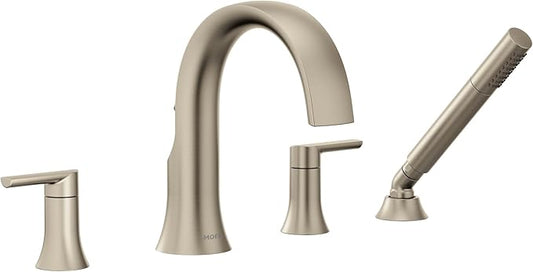 Moen TS983BN Doux Two-Handle High Arc Deck-Mount Roman Tub Faucet Trim with Handshower, Valve Required, Brushed Nickel