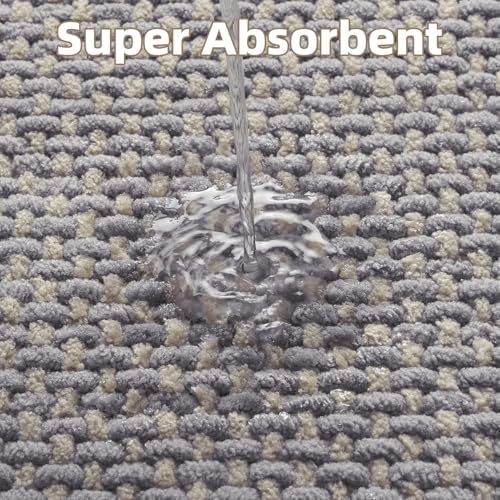 PADOOR-Bath Mat Runner-Super Absorbent Chenille Bathroom Mats-Rubber Backed Bath Mats for Bathroom Non Slip, Easy Clean Bathroom Runner Rugs Front of Bathtub,Shower Room,Sink-24×48, Grey&Beige