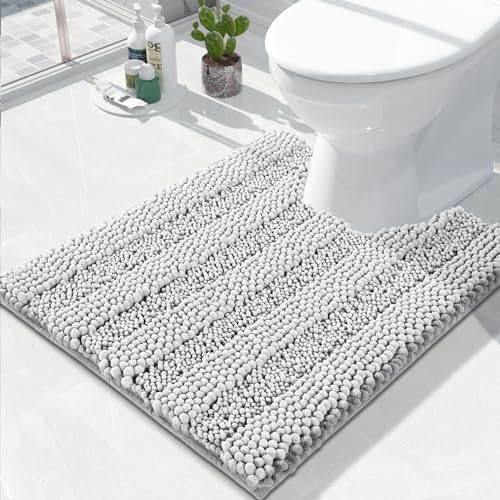 Yimobra Toilet Rugs U Shaped Washable 24 x 20, Non Slip and Super Absorbent Toilet Mat, Quick Dry, Ultra Luxury Microfiber Chenille Plush Fluffy Contour Bath Rugs for Toilet Base, Silver