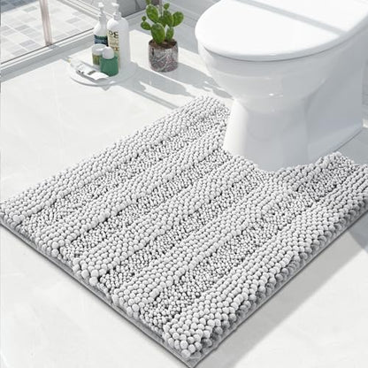 Yimobra Toilet Rugs U Shaped Washable 24 x 20, Non Slip and Super Absorbent Toilet Mat, Quick Dry, Ultra Luxury Microfiber Chenille Plush Fluffy Contour Bath Rugs for Toilet Base, Silver