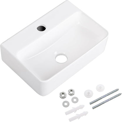 Small Vessel Sink 14"x10" Wall Mount Bathroom Sink Rectangular White Porcelain Ceramic Mini Floating Tiny Bathroom Wall Mounted RV Sink