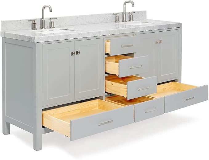 ARIEL Cambridge 72-inch Bathroom Vanity with Sink,Solid Wood, 2-inch Italian Carrara Marble Countertop, Double Rectangular Porcelain Sink, 4 Soft Closing Doors, 6 Dovetail Drawers, Grey
