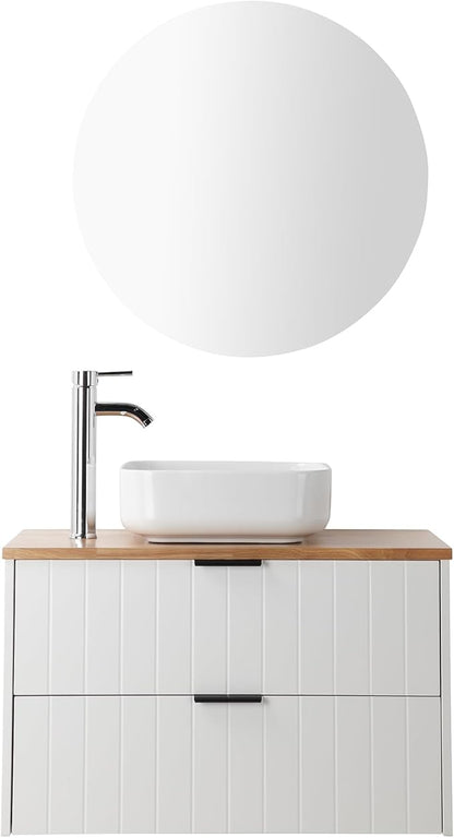 32 inch Bathroom Vanity with Sink and Solid Wood Countertop, Wall Mounted Bathroom Vanity Cabinet with 2 Drawers, Modern Floating Bathoom Vanity Set Include Square Ceramic Basin Sink & Round Mirror