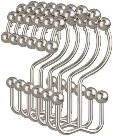 Amazer Shower Curtain Hooks, 12PCS Rust-Resistant Metal Double Shower Curtain Rings for Curtain Rolling Shower Hooks, Shower Rings for Bathroom Shower Curtain Rod, Nickel