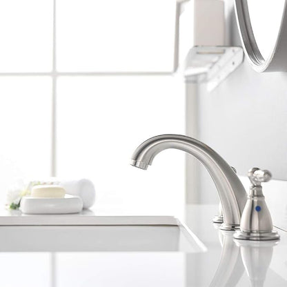8 Inch 3 Holes Brushed Nickel Low Arc Widespread Bathroom Sink Faucet, 2 Handles Bathroom Faucet with Stainless Steel Pop Up Drain, WF008-4-BN
