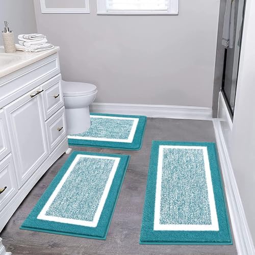 Pauwer 3 Piece Bathroom Rug Set, Non Slip Washable Bath Mat, Aqua Blue