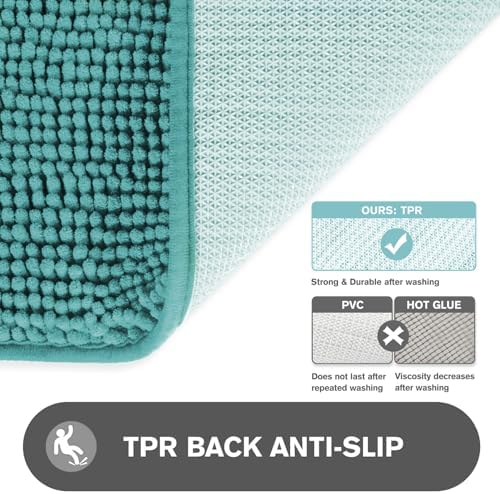 Teal Bathroom Rugs Sets 2 Piece – Absorbent and Washable Bath Mat, Non-Slip, Thick Soft Chenille Bath Rugs for Bathroom Floor, Shower, Sink - 20" x 32"+24" x 36"