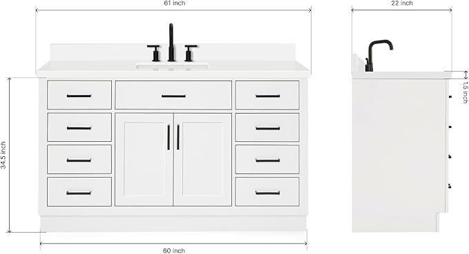 ARIEL Hepburn 60-inch Bathroom Vanity with Sink,Solid Wood, 1.5-inch Pure White Quartz Countertop & Backsplash, Single Rectangular Porcelain Sink, 2 Soft Closing Doors, 9 Dovetail Drawers, White
