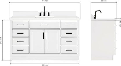ARIEL Hepburn 60-inch Bathroom Vanity with Sink,Solid Wood, 1.5-inch Pure White Quartz Countertop & Backsplash, Single Rectangular Porcelain Sink, 2 Soft Closing Doors, 9 Dovetail Drawers, White