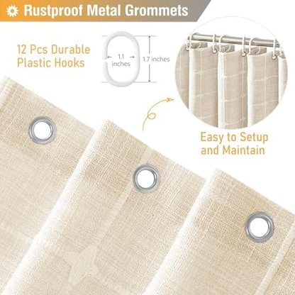 BTTN 72x90 Boho Farmhouse Linen Heavy Duty Shower Curtain Set, Cream/Beige