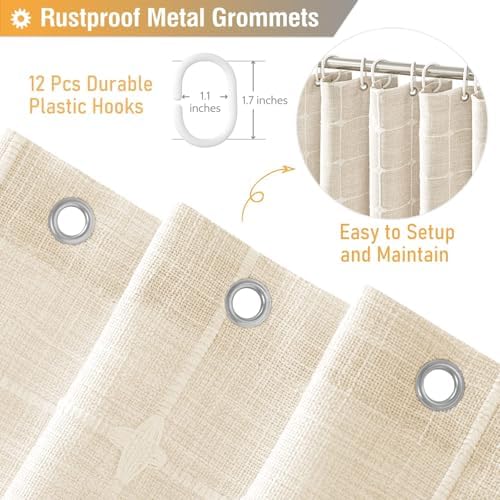 BTTN 72x80 Boho Farmhouse Linen Heavy Duty Shower Curtain Set, Cream/Beige