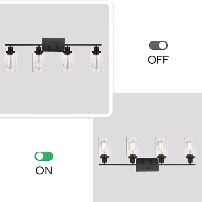 MELUCEE 4 Lights Sconces Wall Lighting Black with Clear Glass Shade | Industrial Bathroom Light Fixtures Vanity Lights Porch Light Fixtures Wall Mount (Patent No.: US D963914 S)