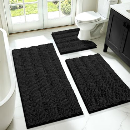ACCUMTEK Striped Black Bathroom Rug Set 3 Pieces Ultra Soft, Non Slip Chenille Toilet Mat, Absorbent Plush Shaggy Bath Mats for Bathroom, Bedroom, Kitchen