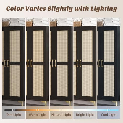 JASIWAY Tall Bathroom Storage Cabinet 57" Rattan Pantry Cabinet, Black