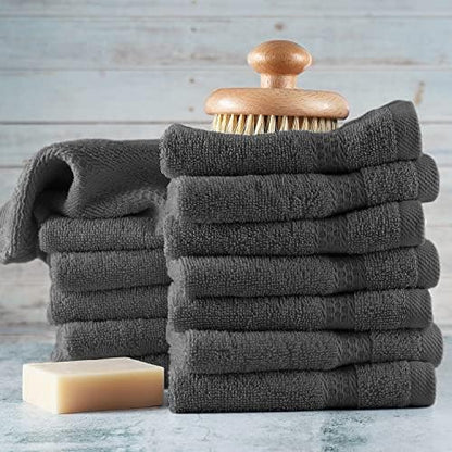 Hearth & Harbor Washcloths 12 Pack - 100% Cotton Washcloth for Body and face, High Absorbent and Soft 13"x13" Body Wash Cloth, Quick Dry - Dark Grey Washcloths