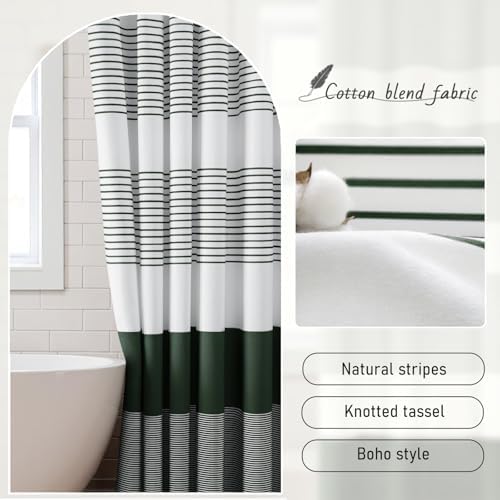 Dark Green Boho Cotton Striped Shower Curtain with Tassel 72"W X 72"L