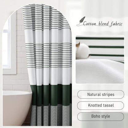 Dark Green Boho Cotton Striped Shower Curtain with Tassel 72"W X 72"L