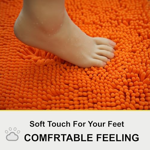 BOANKODU Bathroom Rugs Sets 2 Piece, Absorbent Bath Mat for Bathroom Soft Chenille Non-Slip, 32x20 + 20x20 Inch U Shape Bathroom Mat, Machine Washable Bath Rugs (Orange)