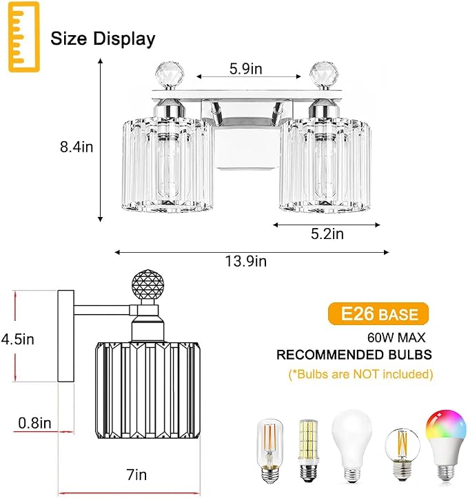 Lxybcce Modern Crystal Bathroom Vanity Light, 14In 2-Lights Bathroom Light Fixtures, Chrome Vanity Light Fixtures Over Mirror, Easy Installation & Shadow-Free Illumination for Bathroom Mirror Decor