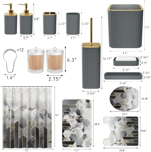 XLHOMO Bathroom Set - 26PC Bathroom Set with Shower Curtain and Rugs, Bathroom Accessory Set, Grey Bathroom Accessories Set, Trash Can & Soap Dispenser