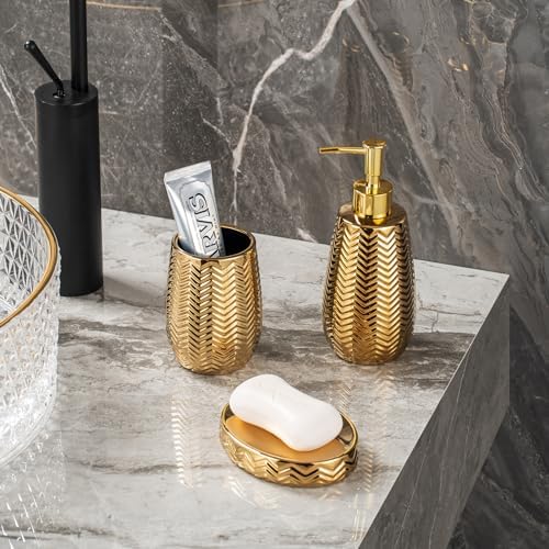 Gold Bathroom Accessories 3pcs Stylish Bathroom Accessories Set Gold Soap Dispenser Pump, Tumbler and Soap Dish Modern Decor Wavy Design Ceramic Bathroom Accessory Set