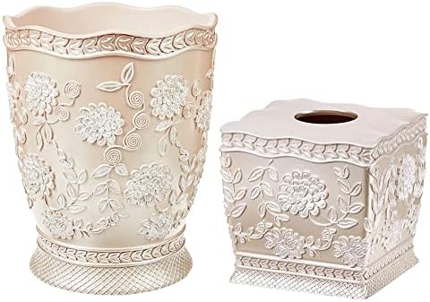Zahari Home 2pc Rose Vine Bathroom Set Waste Basket & Tissue Cover Modern Classic Decor Stylish Unique Design Beautiful Beige Bathroom Accessories Set