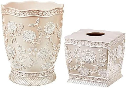 Zahari Home 2pc Rose Vine Bathroom Set Waste Basket & Tissue Cover Modern Classic Decor Stylish Unique Design Beautiful Beige Bathroom Accessories Set