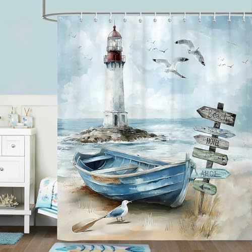 Nautical Coastal Shower Curtain, Ocean Beach Lighthouse Shower Curtain, Blue Teal Seasides Sailboat Bathroom Accessories Fabric Waterproof with Hooks, 72X72in