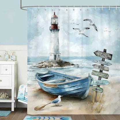 Nautical Coastal Shower Curtain, Ocean Beach Lighthouse Shower Curtain, Blue Teal Seasides Sailboat Bathroom Accessories Fabric Waterproof with Hooks, 72X72in