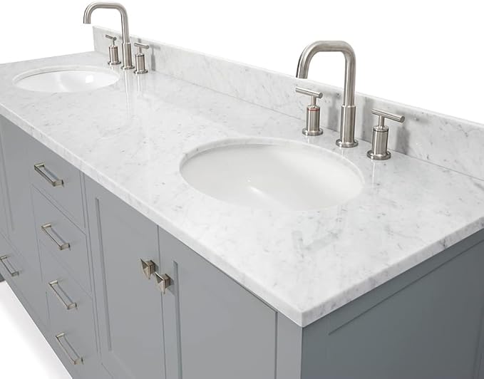 ARIEL Cambridge 72-inch Bathroom Vanity with Sink,Solid Wood, 0.75-inch Italian Carrara Marble Countertop & Backsplash, Double Oval Porcelain Sink, 4 Soft Closing Doors, 6 Dovetail Drawers, Grey