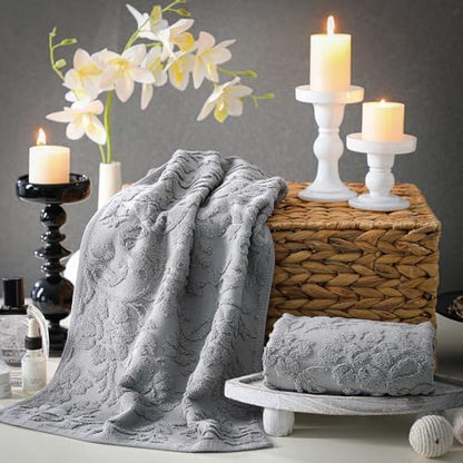 SmoothNovelty 2 Pcs Gray Floral Jacquard Hand Towels for Bathroom