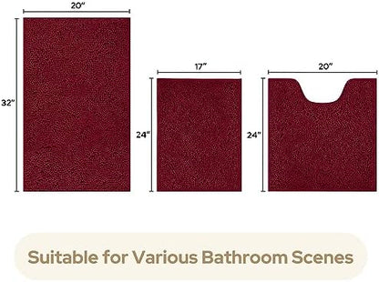 HOMEIDEAS Burgundy Chenille Bathroom Rugs Set of 3, Non Slip Bath Mat